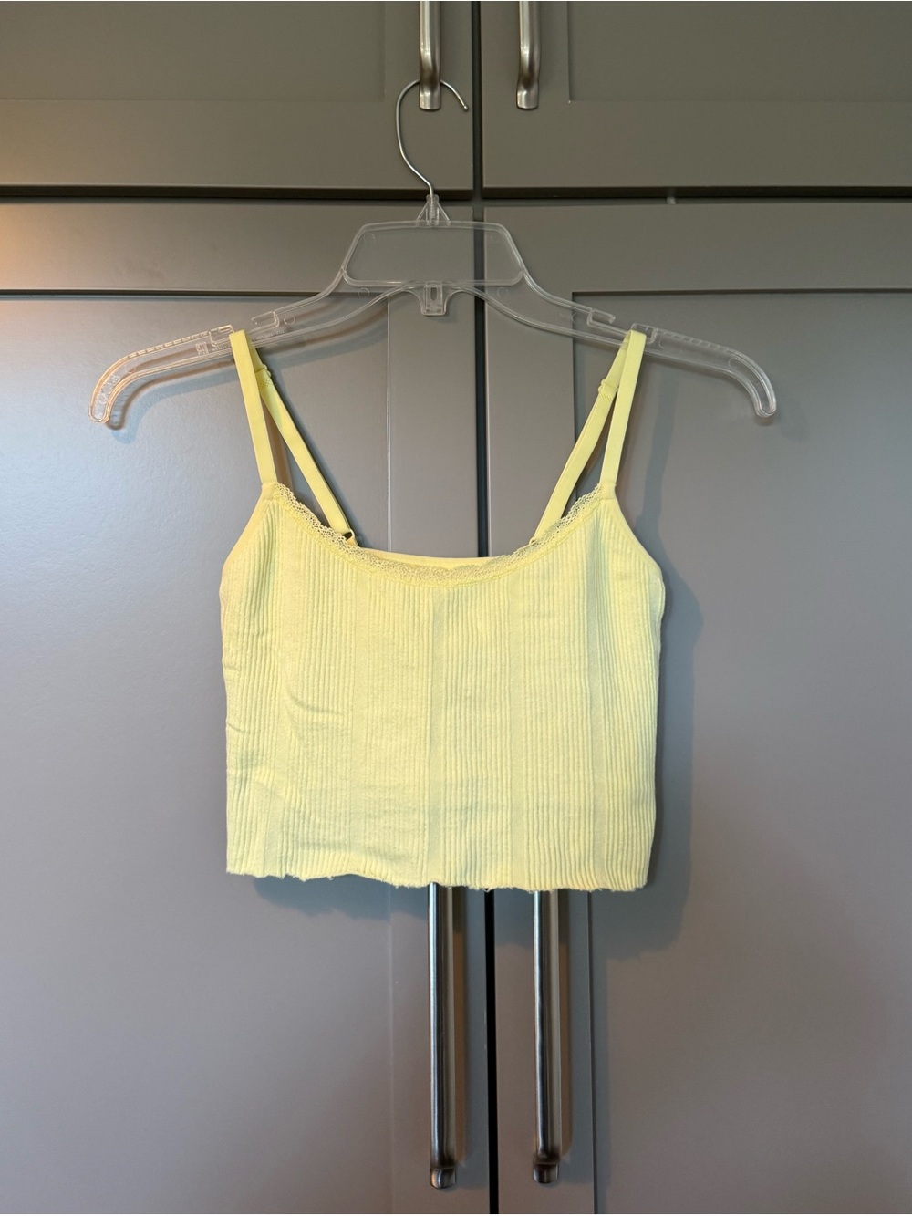 Primark Yellow Ribbed Cropped Cami With Lace Trim & Built in Bra - Size 2XS